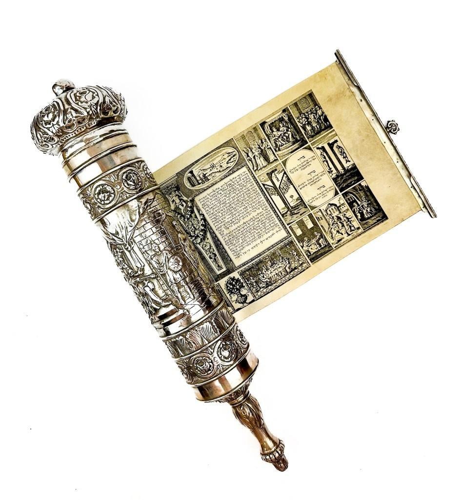 Megillah Judaica Parchment Scroll in Silver Repousse Case (1 of 11)