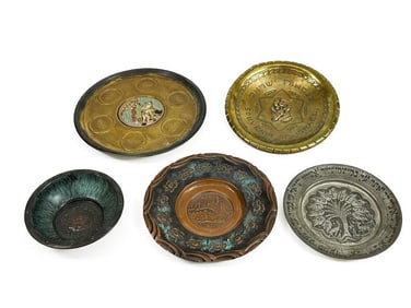 Lot of 5 Judaica Hakishut Metal Plates, Seder Plate & Bowl