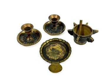 Lot of 4 Vintage Judaica Metal Shabbat Candles, Tray & Mortar & Pestle