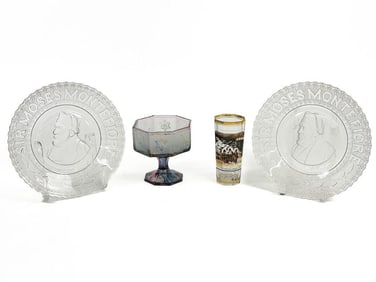 Lot of 4 Judaica Moses Montefiore Glass Plates, Carlsbader Idylle Glass, Signed Bowl