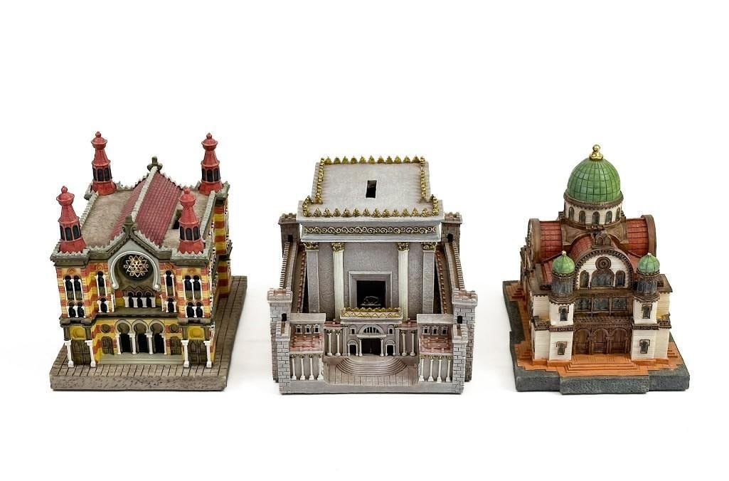 Lot of 3 Reueven Masel Models Synagogue/Temples Charity Box Tzedakah Coin Box: Lot of 3 Reueven Masel Models Synagogue/Temples Charity Box Tzedakah Coin Box. Some minor damage. See photos. Sizes range approx: 5.25 - 6 in H x 4.75 - 5.75 in W x 6 - 6.75 in D. Weight: 8.2 lbs.