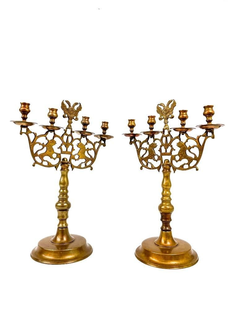 Pair Old Judaica Brass 4 Armed Candelabras with Lions and Two Headed Eagle (1 of 8)