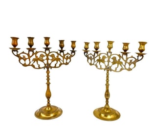 Pair Old Judaica Brass 5 Armed Candelabras with Lions