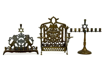 Lot of 3 Old Judaica Brass Menorahs