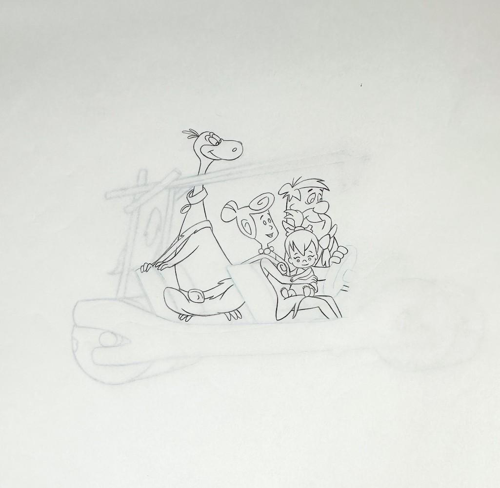 Lot of 4 The Flintstones Hanna Barbera Original Production Drawings of Flintmobile: Lot of 4 The Flintstones Hanna Barbera Original Production Drawings of Flintmobile with Fred, Wilma, Pebbles and Dino. Original production art of The Flintstones (Hanna Barbera Productions, Circa 1980