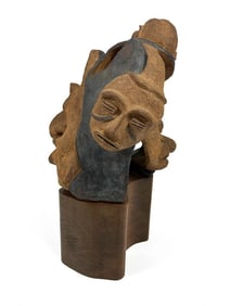 Kusler: Signed Berg Midcentury Abstract Stoneware Ceramic Faces Masks Sculpture