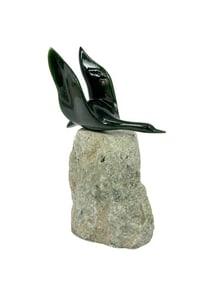 Kusler: Signed M Lee Carved Jade Bird Sculpture on Stone Stand