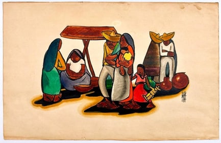 Kusler: Leo Politi (1908-1996) Watercolor and Ink on Paper, Genre Scene of Women with Children, 1935