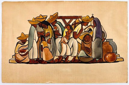 Kusler: Leo Politi (1908-1996) Watercolor and Ink on Paper, Genre Scene of Women with Children