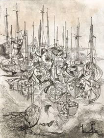 Kusler: Artist Unknown Etching on Paper, Anchored Yachts 14/50, 1968