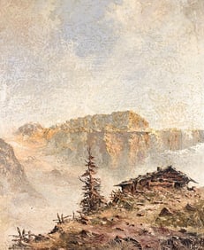 Kusler: Artist Unknown Oil on Masonite Mountain Landscape w/ Abandoned Cabin