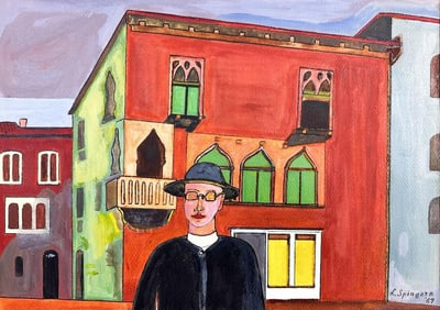 Kusler: Outsider Art Signed L. Spingarn, Gouche on Paper, Person in Courtyard