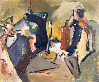 Kusler: Deo (20th Century) Oil on Masonite Midcentury Abstract Street Scene
