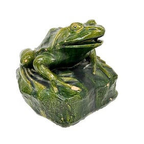Kusler: Vintage Glazed Cement Frog Fountain 14.5 Inches Tall