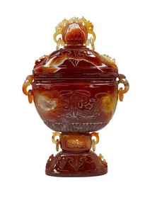 Kusler: Large Chinese Carved Carnelian Red Agate Vessel w/ Lid