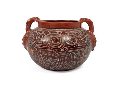 Kusler: Old Marajoara Pottery Vessel w/ Two Figural Handles Brazil