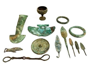 Lot of 13 Bronze Asian Artifacts, Chalice, Axe, Arrowhead, Buddha Hand