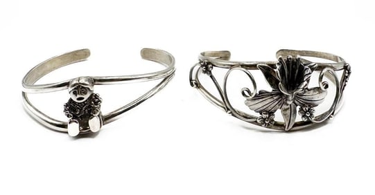 Nick Chavez Collection: Lot of 2 Carol Felley Sterling Bracelets Floral and Storyteller Cuffs