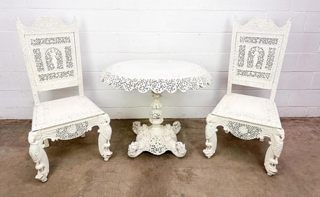 Hand Carved Indian Wooden Table and 2 Chairs