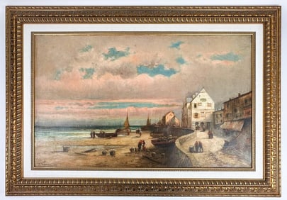 F. Verne, 19th Century Oil on Canvas, Fisherman's Village