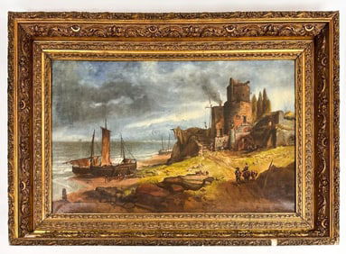 19th Century Oil on Canvas, Coastal Settlement