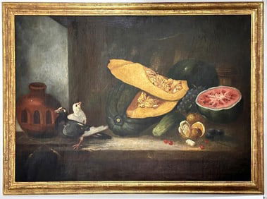 Manuel Sanchez Ramos (Spanish, 19th C) Oil on Canvas Still life, Melons, Doves, Red Clay Pot