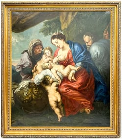 Large After Jan Van Den Hoecke Holy Family Painting in Gold Leaf Frame