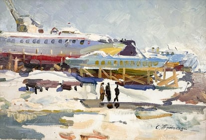 Sergei Pavlovich Tumakov (b. 1919) Oil on Canvas, The Pier, 1968