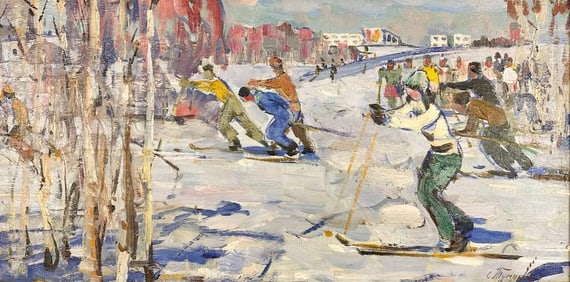 Sergei Pavlovich Tumakov (b. 1919) Oil on Board, On the Ski, 1959