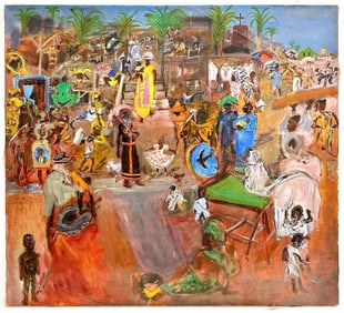 Natta Konisheva (Russian, 1935-2022) Oil on Canvas, Marketplace in Cameroon, 1993