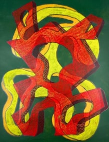 Kusler: Philip A. Solman (20th Century) Oil Pencil on Paper, Green/Red Abstract