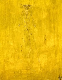 Kusler: Artist Unknown Watercolor, Pen, and Pencil on Paper, Tall Figure on Yellow Background