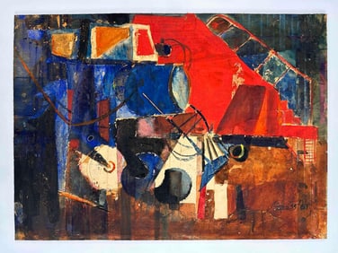 Signed Ross Midcentury Abstract Watercolor on Plywood 1961