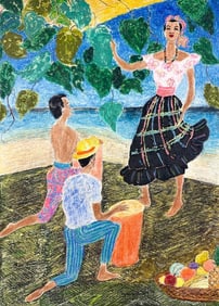 Kusler: Artist Unknown, Oil Pencil on Paper, Tropical Scene w/ Woman and 2 Men on Beach
