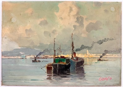 Kusler: Signed Corso, Oil on Art Board, Boats in a Harbor