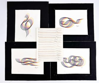 Lot of 5 Yaacov Agam (b. 1928) Lithographs and Drawing on Paper, Lines and Forms Series