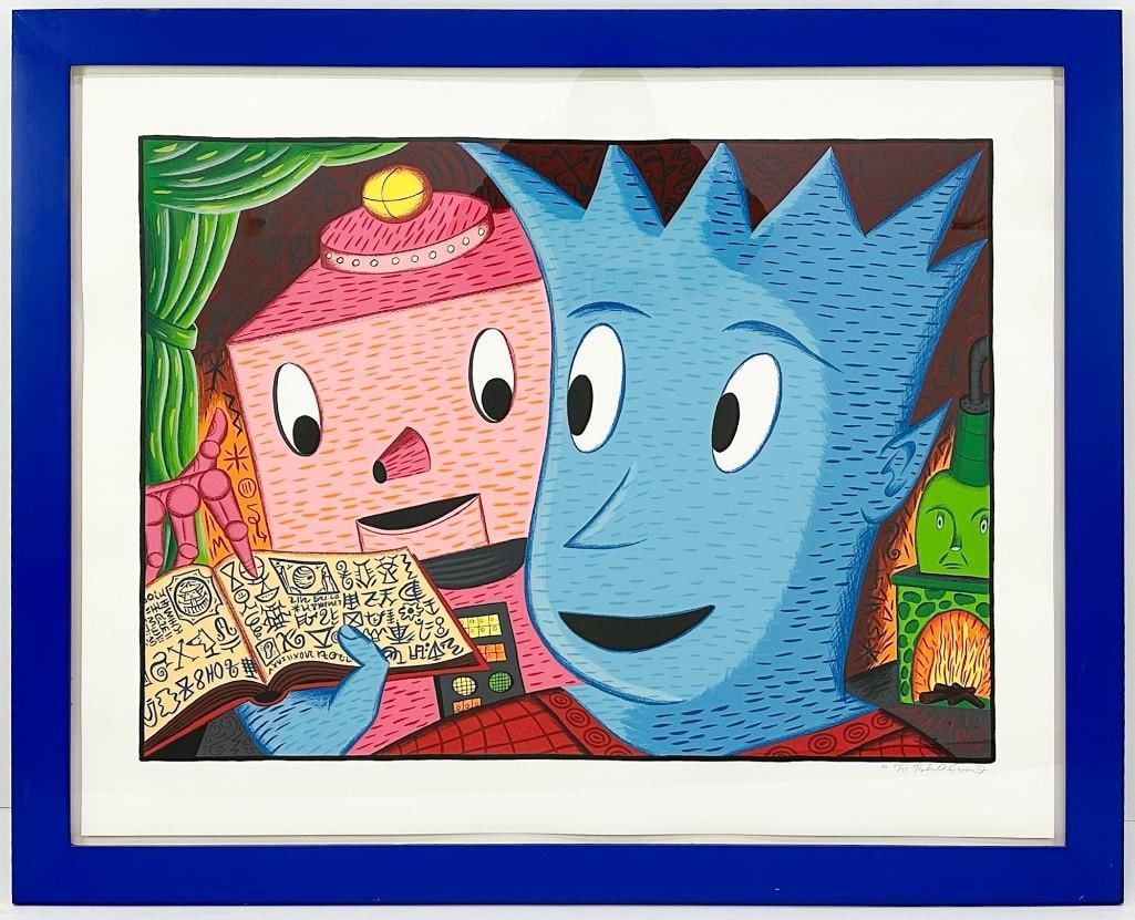 Rodney Greenblat (b. 1960) Artist Signed and Numbered 22/25 Print, Research Pays Off: Rodney Greenblat (b. 1960) Artist Signed and Numbered 22/25 Print, Research Pays OffTitled Research Pays Off, 1989. Edition HC 22 of 26. Mounted in acrylic blue frame.Condition: Some paint loss on fra