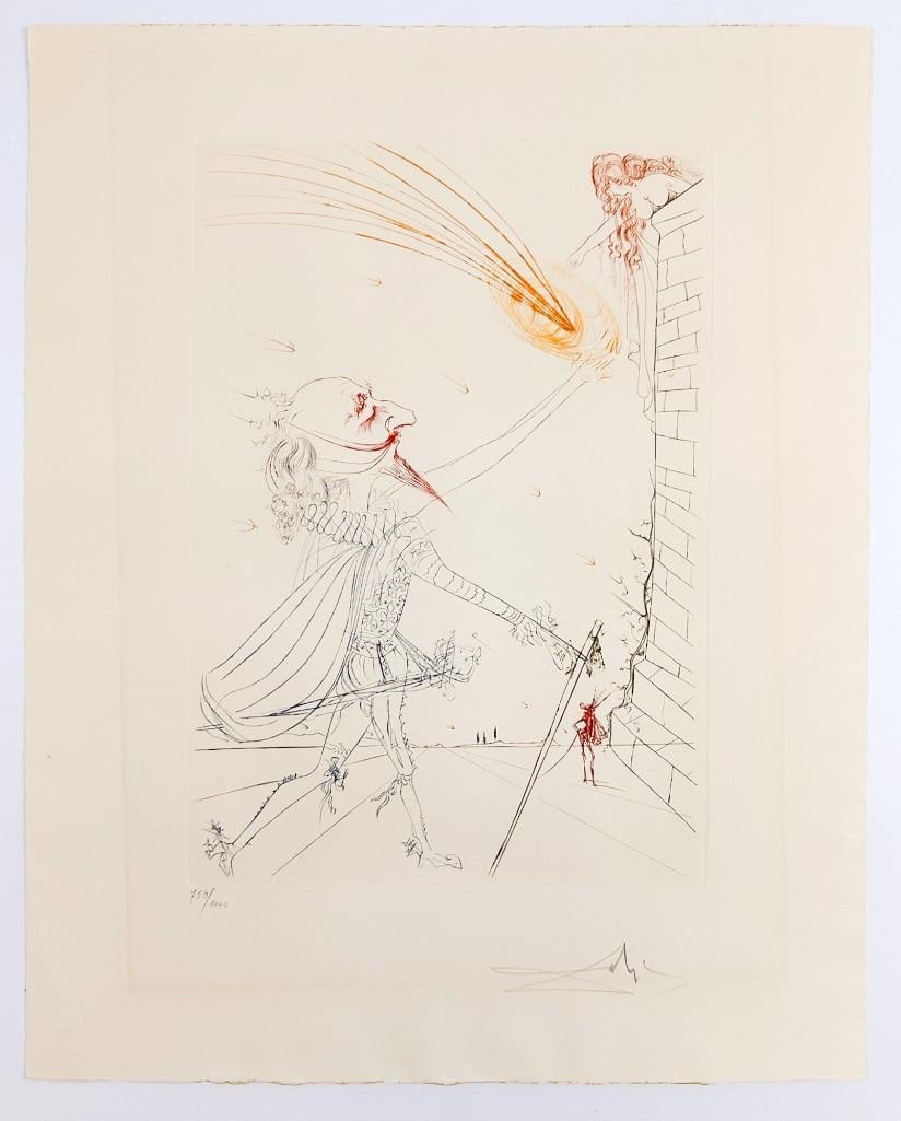 Salvador Dali, Pencil Signed Etching, 759/1000, Cyrano De Bergerac And Roxanne, 1972: Salvador Dali, Pencil Signed Etching, 759/1000, Cyrano De Bergerac And Roxanne, 1972Artwork is titled Cyrano De Bergerac And Roxanne, Edition 759/1000. Signed in the lower right in pencil.Condition: R