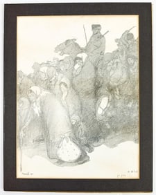 Artist Unknown Pencil Signed Poster Depicting Women Children & Soldiers