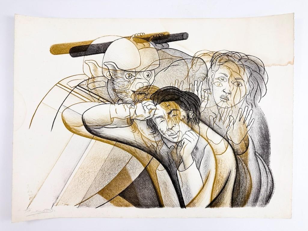 Arturo Estrada (b. 1925) Lithograph on Paper, Central America Today: Arturo Estrada (b. 1925) Lithograph on Paper, Central America Today Artwork is titled Central America Today, and is signed in the lower left in pencil. Condition: Artwork has evident water exposure on