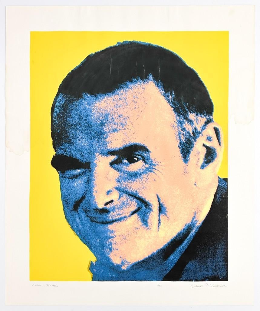 Charles P. Schreiner (20th Century) Serigraph on Paper, Charles Eames, 1967: Charles P. Schreiner (20th Century) Serigraph on Paper, Charles Eames, 1967Artwork is titled Charles Eames, Edition 1/50. Signed in the lower right in pencil.Condition: Top half of the print has evide