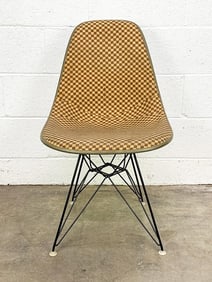 Eames Side Chair Brown Girard Checkerboard Fabric on Parchment Fiberglass on Eiffel Base