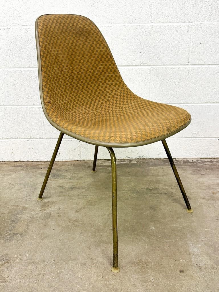 Eames Side Chair Brown-Tan Alexander Girard Checkerboard Fabric on Greige Fiberglass: Eames Side Chair Brown-Tan Alexander Girard Checkerboard Fabric on Greige FiberglassThis chair is a part of a single owner Eames Chair collection from Los Angeles, CA. Original tag on underside.Condit