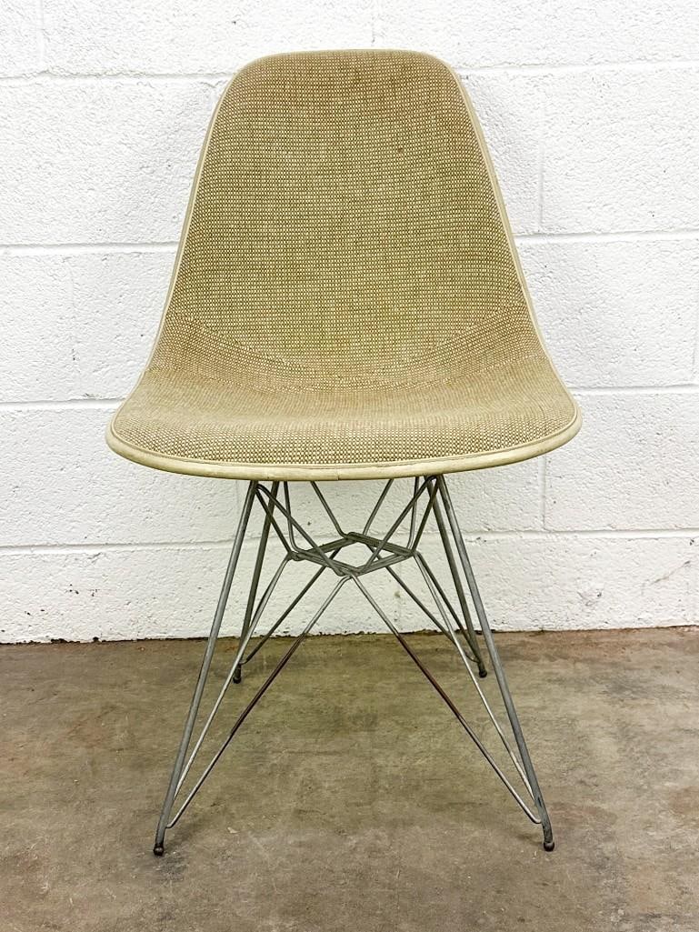 Eames Side Chair Elephant Hide Gray Greige Parchment Fiberglass on Eiffel Base: Eames Side Chair Elephant Hide Gray Greige Parchment Fiberglass on Eiffel Base This pair chair s a part of a single owner Eames Chair collection from Los Angeles, CA. Maker's mark on and date unde