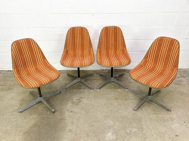Set of Four Eames Side Chairs Orange Brown Girard Striped Fabric on Orange Terracotta Fiberglass on