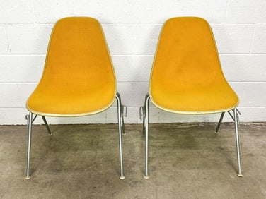 Pair of Eames Side Chairs Orange Alexander Girard Pincheck Fabric on Parchment Fiberglass on