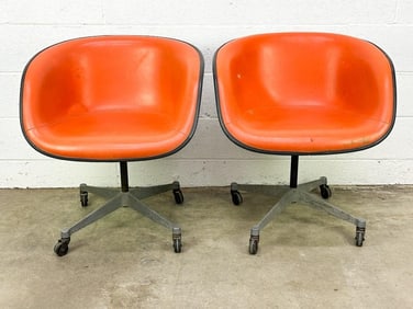 Pair Eames Arm Chairs Red Orange La Fonda Naugahyde on Parchment Fiberglass on Swivel Base w/