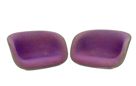 Pair Eames Arm Chairs Purple La Fonda Fabric on Parchment Fiberglass (shell only)