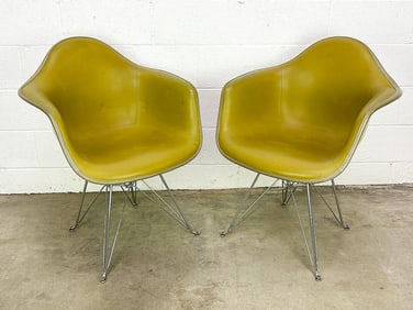Pair Eames Arm Chairs Olive Naugahyde on Yellow Fiberglass