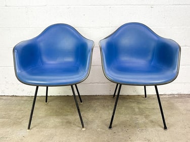 Pair Eames Arm Chairs Blue Naugahyde on Greige Fiberglass on H-Bases